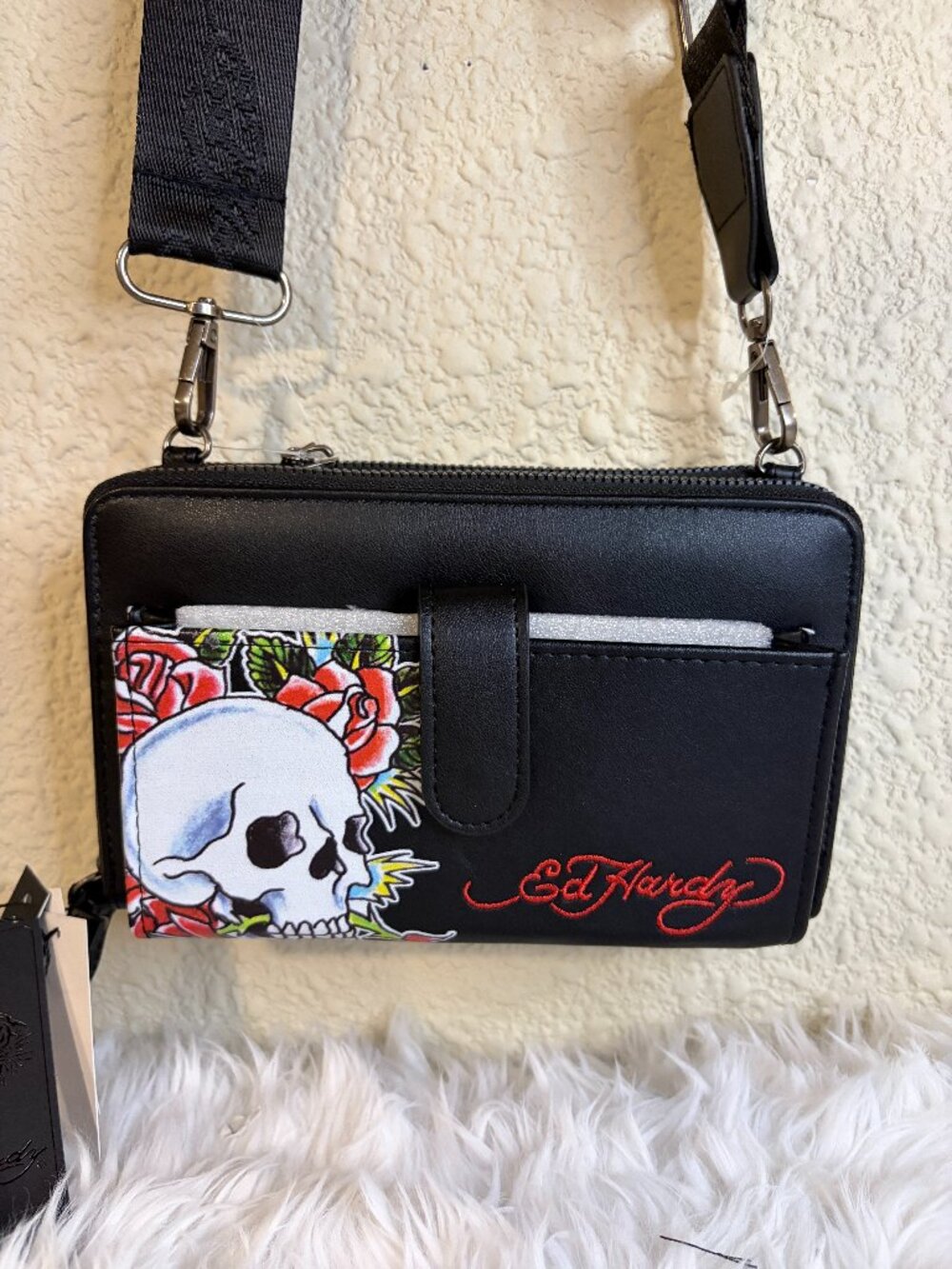 Ed Hardy Skull Rose Crossbody Wallet Phone Bag Travel Purse Black NWT